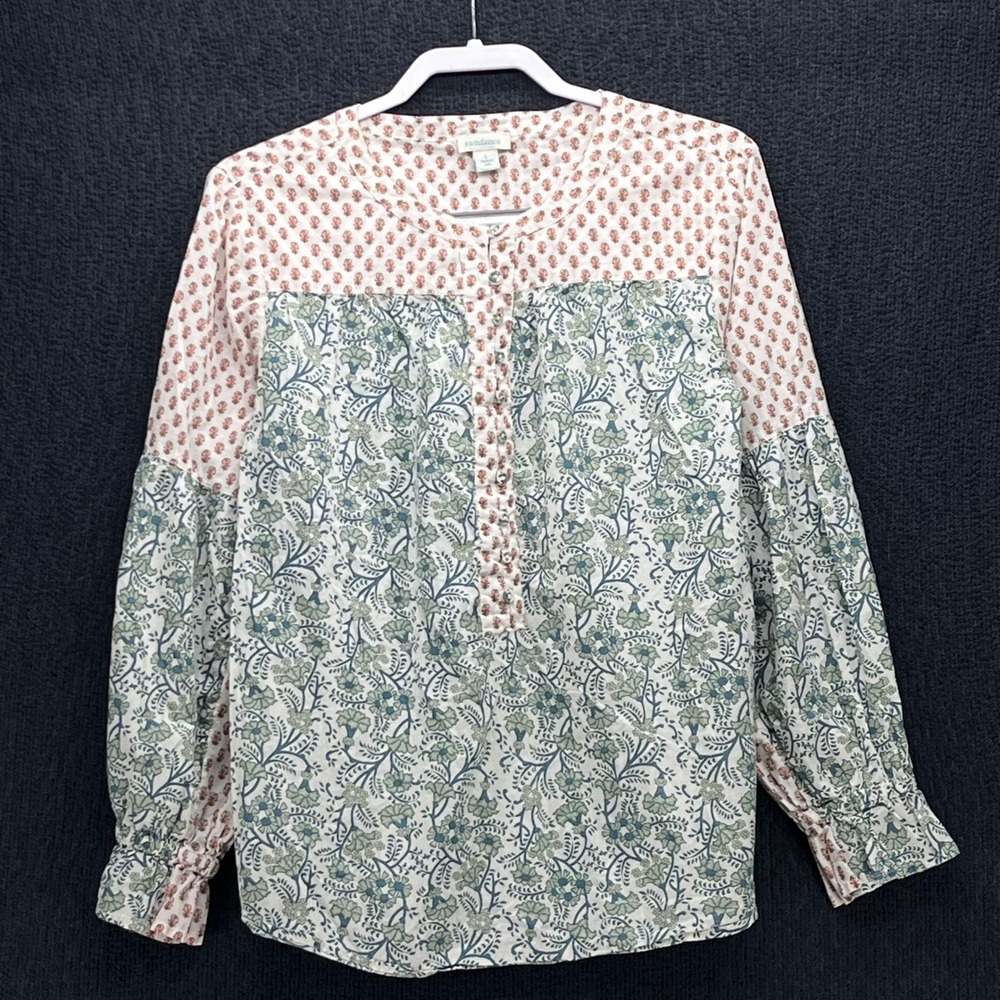 Sundance Womens Large Floral Block Print Mixed Pattern Blouse Smocked Cuff Top